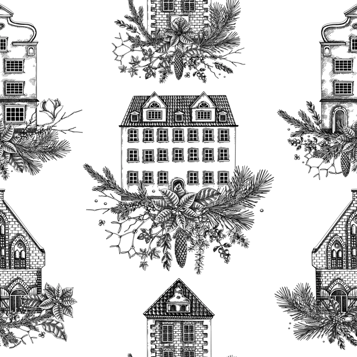 Christmas background. Architecture sketch. Vintage house seamless pattern. European winter hand-drawn vector illustration. NOT AI generated